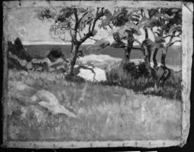 untitled (lview of the sea through a grove of trees; verso, composition sketch in pencil)