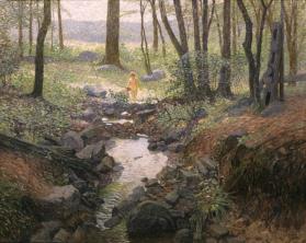 title unknown (two female figures bathing in woodland stream)