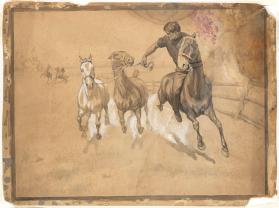 Untitled (three horses, one figure, with background)