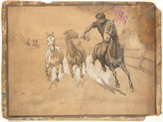 Untitled (three horses, one figure, with background)