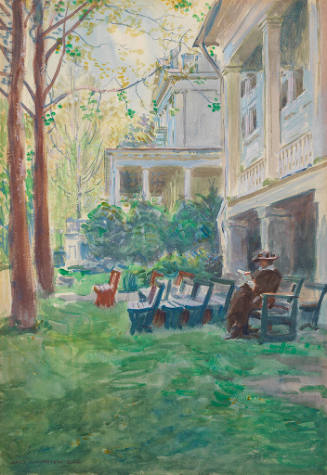 Woman Reading in Front of Large Summer Hotel