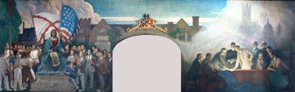 St. Andrew's School mural
The Planning of St. Andrew's by Trustees and Headmaster (viewer's right)
Saint Andrew's Students Surround Alma Mater (viewer's left)