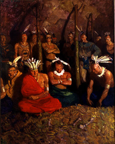 In the Council Lodge
A flaring torch was burning in the place, and sent its red glare from face to face and figure to figure, as it waved in the currents of air