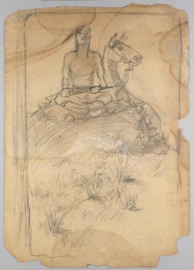 title unknown (Indian sitting cross leg; horse behind him)