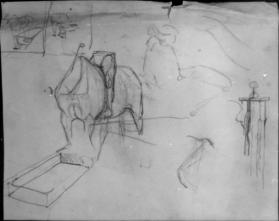 Untitled (sketches of farm horse and water pump)