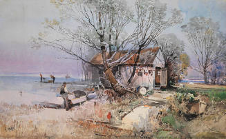 Untitled (Fisherman, hut and several boats)