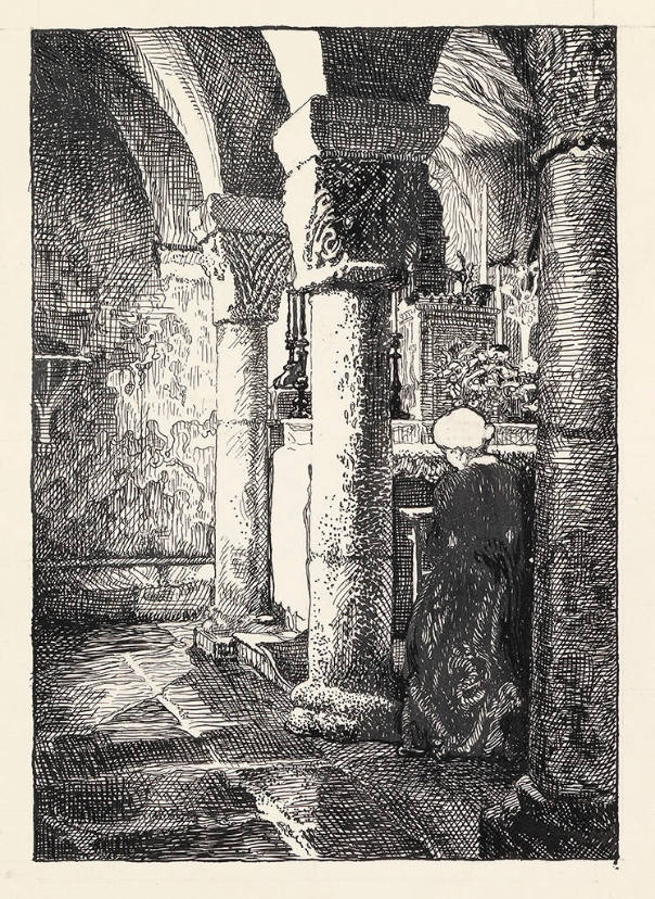 Woman Kneeling in Church Interior