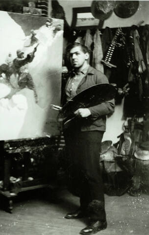 caption: N. C. Wyeth in the Bancroft studios, North Rodney Street, Wilmington, DE, 1906, by unk…