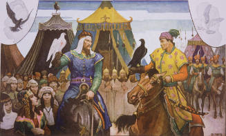 Genghis Khan's eyes were fixed upon the dark scarred face of the young man in front of him.  Little could be hidden from those eyes, and suddenly the young man knew that he stood revealed.  The inscrutable eyes gave no sign, but at last Genghis Khan beckoned to the girl, and she came and stood beside him.
