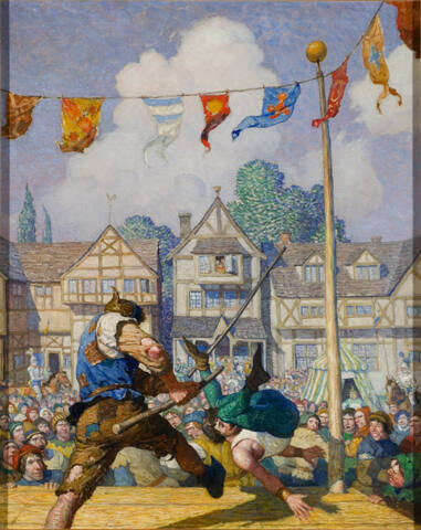 Robin Hood Defeats Nat of Nottingham at Quarter-staff
The beggar dealt his foe a back-thrust so neatly, so heartily, and so swiftly that Nat was swept off the stage into the crowd as a fly off a table.
