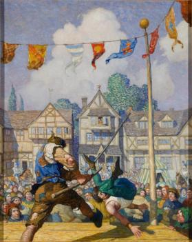 Robin Hood Defeats Nat of Nottingham at Quarter-staff
The beggar dealt his foe a back-thrust so neatly, so heartily, and so swiftly that Nat was swept off the stage into the crowd as a fly off a table.