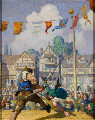 Robin Hood Defeats Nat of Nottingham at Quarter-staff
The beggar dealt his foe a back-thrust so neatly, so heartily, and so swiftly that Nat was swept off the stage into the crowd as a fly off a table.