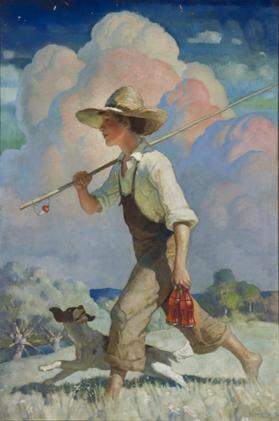 title unknown (boy carrying fishing pole and Coca-Cola bottles, accompanied by dog)