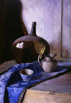 Still Life with Bottle on Blue Brocade