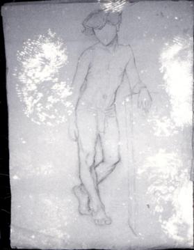 untitled (semi-nude male figure with proper left hand resting on waist-high box)