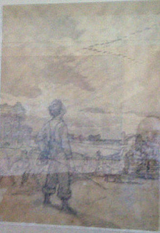 title unknown (boy holding fishing rod, in field looking up at chevron of geese)