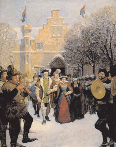 First came the bride, a sorry sight, as pale as the winter, clinging to Sir Daniel's arm