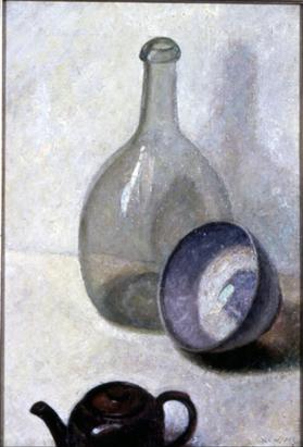 Still Life with Green Bottle, Bowl and Teapot