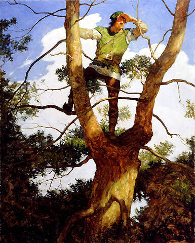 In the fork, like a mastheaded seaman, there stood a man in a green tabard, spying far and wide