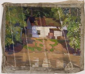 untitled (tree-framed view of white building at water's edge)