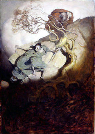 The Hag of the Rock
 An old, old woman, gray-eyed, hook-nosed, wrinkled, was sitting on the rock and busily spinning.