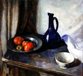 Still Life with Tomatoes on a Pewter Plate, Blue Pitcher, and Bowl