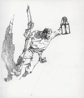 The Mysterious Island, untitled tailpiece  [man on rope ladder with lantern in hand]