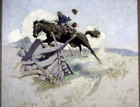 title unknown (black man on horse jumping rail fence)