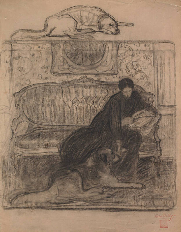 Lady Sitting on Couch Reading with Dog at her Feet